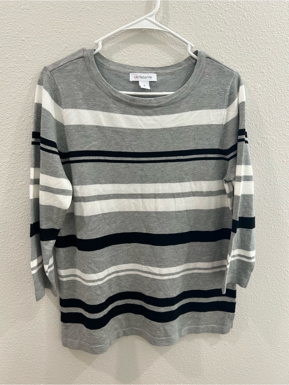 Liz Claiborne Gray, White & Black Striped Long Sleeve Top